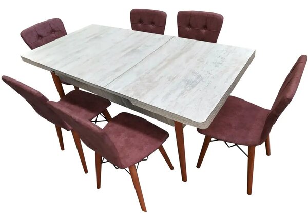 Set masa extensibila cu 6 scaune tapitate Homs cristal alb-roz 170 x 80 cm