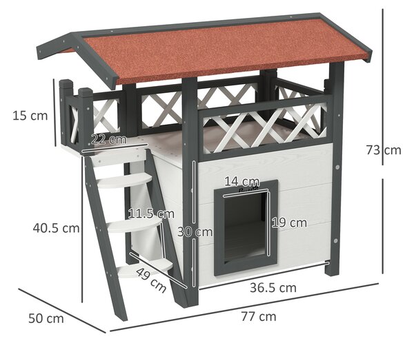PawHut Căsuță pentru Pisici de Exterior cu Terasa și Scară, Adăpost pentru Pisici și Animale Mici din Lemn, 77x50x73 cm, Alb