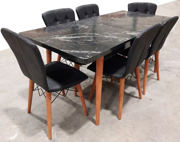 Set masa extensibila cu 6 scaune tapitate Homs cristal negru 170 x 80 cm