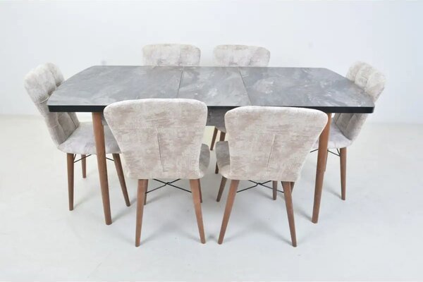 Set masa extensibila cu 6 scaune tapitate Homs marmura/bej 170 x 80 cm picioare lemn  