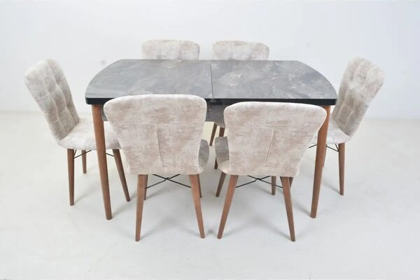 Set masa extensibila cu 6 scaune tapitate Homs marmura/bej 170 x 80 cm picioare lemn  