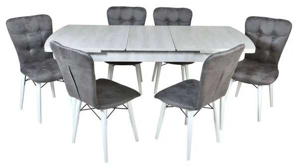 Set masa extensibila cu 6 scaune tapitate Homs cristal bej-gri-picior-alb-170 x 80 cm
