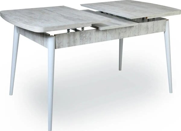 Set masa extensibila cu 6 scaune tapitate Homs cristal bej-picior-alb-170 x 80 cm