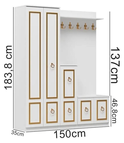 Cuier hol cu pantofar alb -auriu,Vera Homs 183 x 35 x 150 cm 