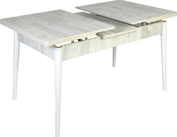 Set masa extensibila cu 6 scaune tapitate Homs cristal bej-picior-alb-170 x 80 cm