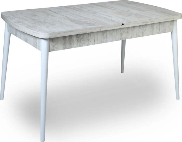 Set masa extensibila cu 6 scaune tapitate Homs cristal bej-picior-alb-170 x 80 cm