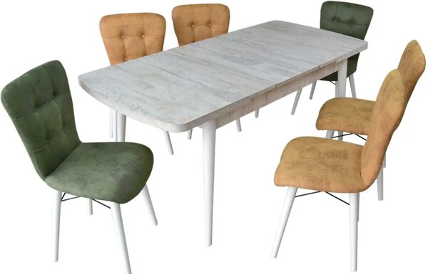 Set masa extensibila cu 4 scaune tapitate Homs cristal bej-gri-picior-alb-170 x 80 cm