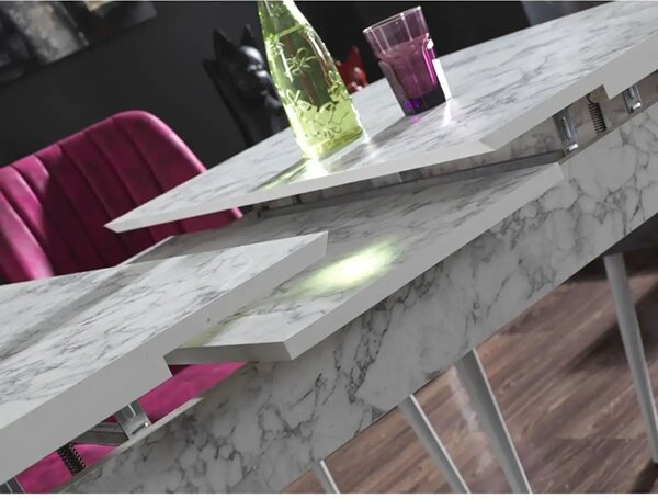 Set masa extensibila cu 6 scaune tapitate Homs cristal bej-gri-picior-alb-170 x 80 cm