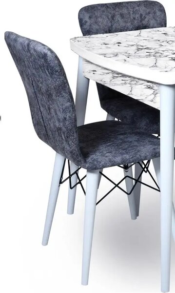 Set masa extensibila cu 6 scaune tapitate Homs cristal bej-gri-picior-alb-170 x 80 cm