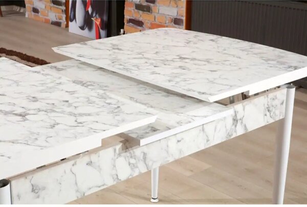 Set masa extensibila cu 6 scaune tapitate Homs cristal bej-gri-picior-alb-170 x 80 cm