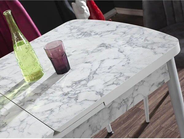 Set masa extensibila cu 6 scaune tapitate Homs cristal bej-gri-picior-alb-170 x 80 cm