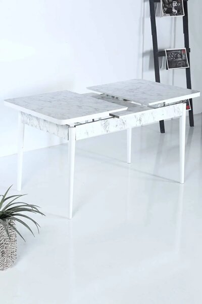 Set masa extensibila cu 6 scaune tapitate Homs cristal bej-gri-picior-alb-170 x 80 cm