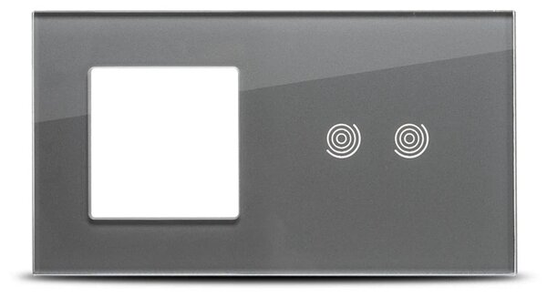 Ramă sticlă securizată Pulsar Touch NS 1P+2T gri 4mm, design elegant pentru priză și întrerupător dublu, soluție modernă încastrată 2 posturi