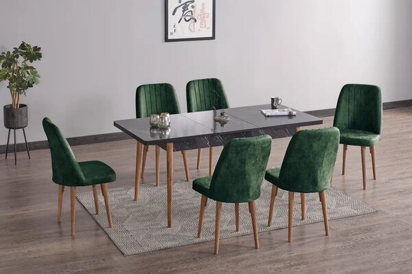Set masa extensibila cu 6 scaune tapitate Homs cargold 250-30050 negru-VERDE,170 x 80 cm