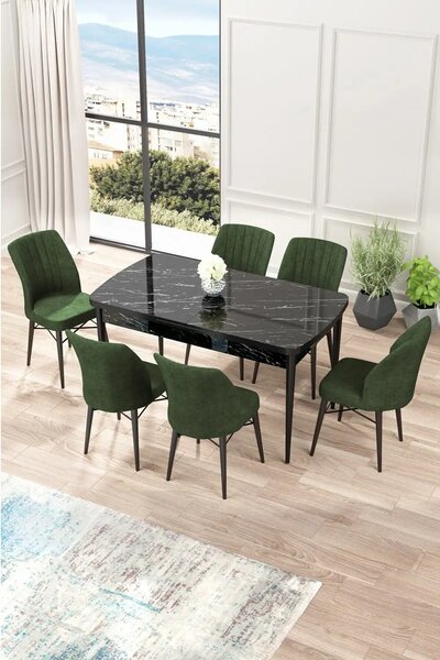 Set masa extensibila cu 6 scaune tapitate Homs cargold 250-30050 negru-VERDE,170 x 80 cm