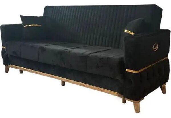 Canapea extensibila cu lada de depozitare 220x90x97 cm – stofa neagra, detalii aurii – Vegas