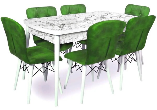 Set masa extensibila cu 6 scaune tapitate Homs cristal alb-verde 170 x 80 cm