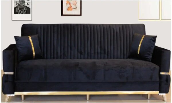 Canapea extensibila cu lada de depozitare 220x90x97 cm – stofa neagra, detalii aurii – Vegas