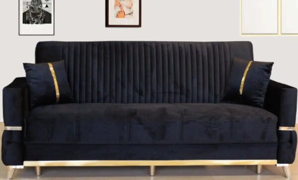 Canapea extensibila cu lada de depozitare 220x90x97 cm – stofa neagra, detalii aurii – Vegas
