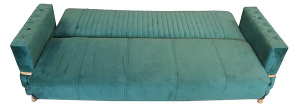 Canapea extensibila cu lada de depozitare 220x90x97 cm – stofa verde, detalii aurii – Vegas