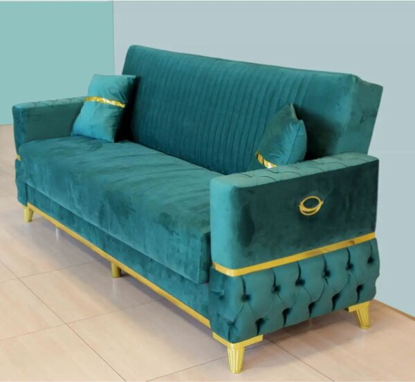 Canapea extensibila cu lada de depozitare 220x90x97 cm – stofa verde, detalii aurii – Vegas