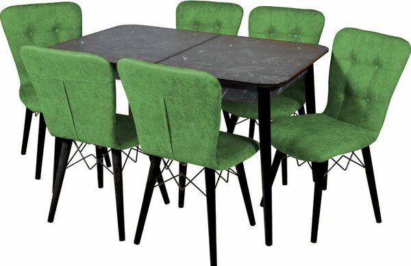 Set masa extensibila cu 6 scaune tapitate Homs cristal negru-verde 170 x 80 cm