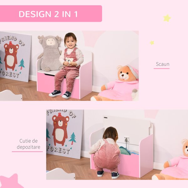 HOMCOM Bancă Depozitare Jucării 2 în 1 din Lemn, Ladă de Depozitare cu Spătar pentru Copii de 3-6 Ani, 60x30x50 cm, Roz | Aosom Romania