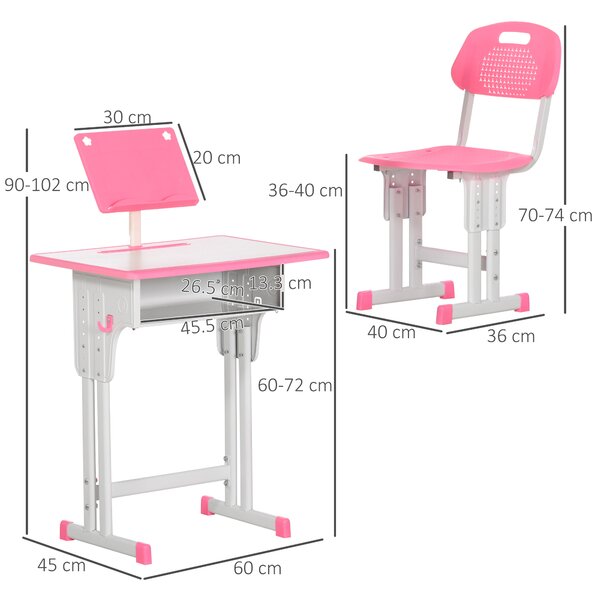 HOMCOM Bancă cu Scaun pentru Copii 6-12 ani cu Înălțime Reglabilă, Suport pentru Cărți și Raft, 60x45x90-102 cm, Roz | Aosom Romania