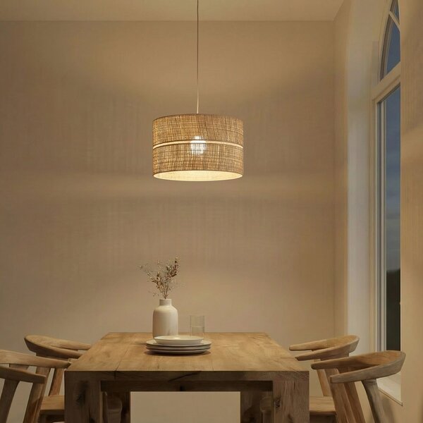 TK Lighting Lampă suspendată Calma, 1 bec, bej, rafia, Ø 50 cm, E27, reglabil, Bej, Camera de zi / sufragerie, Altele