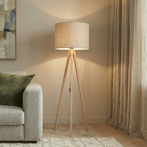 TK Lighting Lampadar Grand, bej/pin, înălțime 145 cm, E27, Lemn, Camera de zi / sufragerie, Lemn, Modern, Tripod