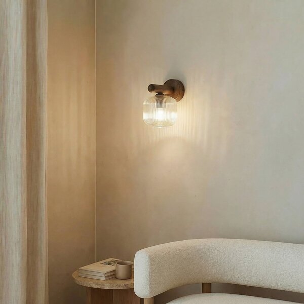 TK Lighting Aplică Salvia, maro/cognac, sticlă, înălțime 20 cm, E14, reglabil, Lemn, Camera de zi / sufragerie, Sticlă