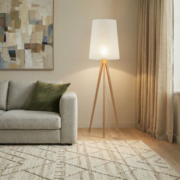 TK Lighting Lampadar Walz, crem, lemn, înălțime 175 cm, E27, Bej, Camera de zi / sufragerie, Lemn, Modern, Tripod