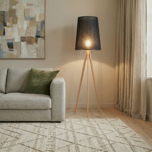 TK Lighting Lampadar Walz, negru, lemn, înălțime 175 cm, E27, Lemn, Camera de zi / sufragerie, Lemn, Modern, Tripod