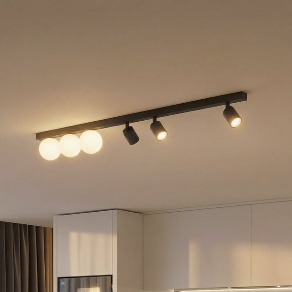 TK Lighting Plafonieră Vox, 6 becuri, sticlă, negru, lungime 159 cm, reglabil, Negru, Camera de zi / sufragerie, Sticlă