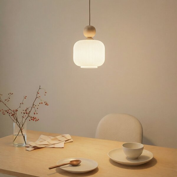 TK Lighting Lampa suspendată Ballo, 1 bec, albă, sticlă, Ø 15 cm, E14, reglabil, Bej, Camera de zi / sufragerie, Sticlă