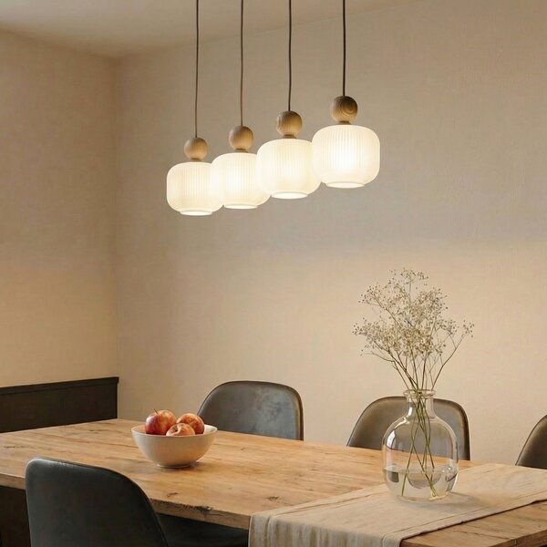 TK Lighting Lampa suspendată Ballo, 4 becuri, bej, sticlă, lungime 80 cm, reglabil, Bej, Camera de zi / sufragerie, Sticlă