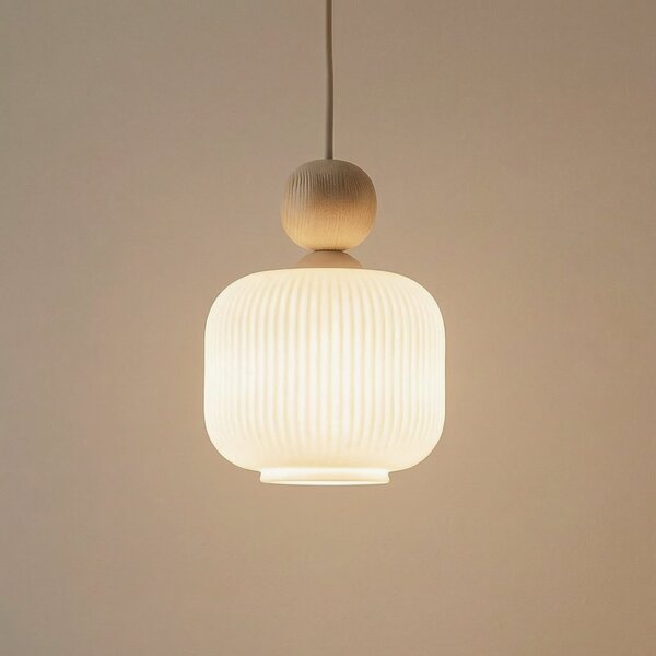 TK Lighting Lampa suspendată Ballo, 1 bec, albă, sticlă, Ø 15 cm, E14, reglabil, Bej, Camera de zi / sufragerie, Sticlă