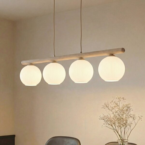 TK Lighting Lampă suspendată Virlo, 4 becuri, lemn, sticlă opală, lungime 95 cm, reglabil, Alb, Camera de zi / sufragerie, Sticlă