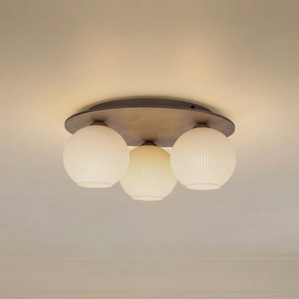 TK Lighting Plafonieră Virlo, 3 becuri, sticlă opală, lemn, Ø 42 cm, reglabil, Lemn, Camera de zi / sufragerie, Sticlă