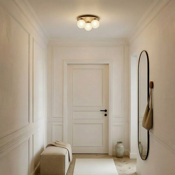 TK Lighting Plafonieră Virlo, 3 becuri, sticlă opală, lemn, Ø 42 cm, reglabil, Lemn, Camera de zi / sufragerie, Sticlă