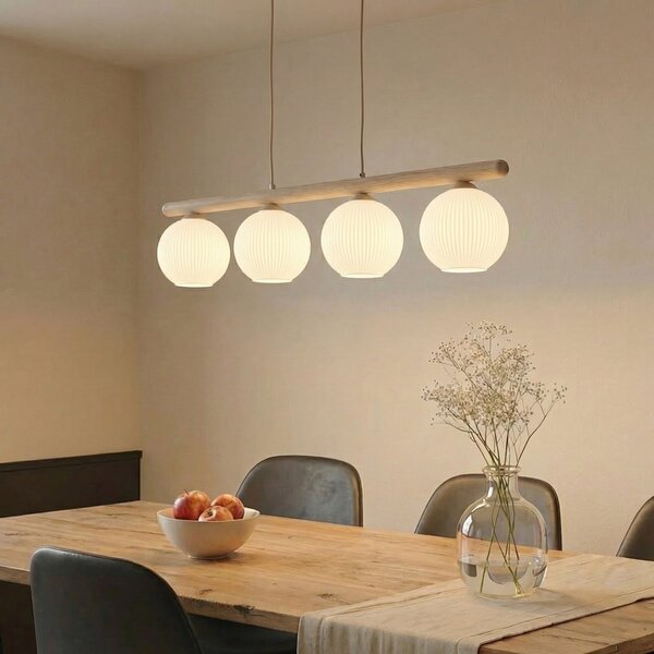 TK Lighting Lampă suspendată Virlo, 4 becuri, lemn, sticlă opală, lungime 95 cm, reglabil, Alb, Camera de zi / sufragerie, Sticlă