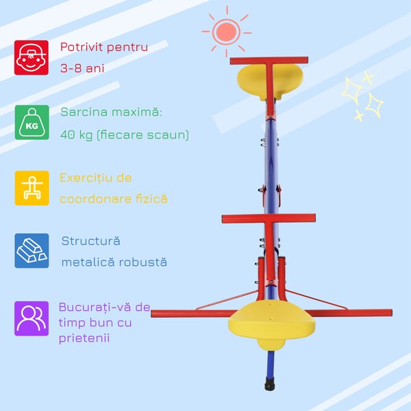 Leagan pentru Copii 3-8 ani Dublu Outsunny, Pivotant la 360° din Metal si PP, Multicolor 182x77x43cm | Aosom Romania