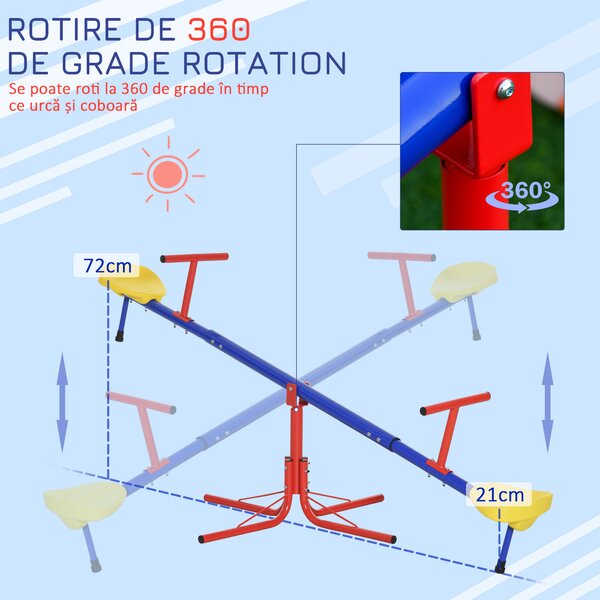 Leagan pentru Copii 3-8 ani Dublu Outsunny, Pivotant la 360° din Metal si PP, Multicolor 182x77x43cm | Aosom Romania