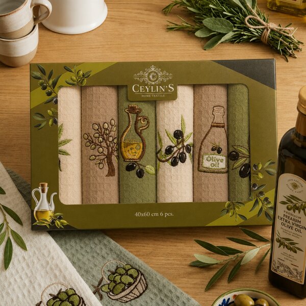 Set 6 prosoape bucatarie din bumbac, 40x60 cm, model Olive