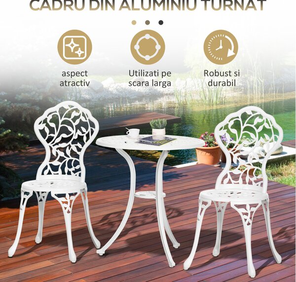 Outsunny Set pentru gradina 3 bucati din aluminiu alb cu design floral, 2 scaune pentru exterior 45x42x85.5 cm si masa rotunda Ø61x66.5 cm | AOSOM RO