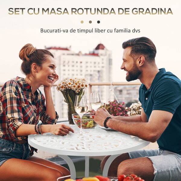 Outsunny Set pentru gradina 3 bucati din aluminiu alb cu design floral, 2 scaune pentru exterior 45x42x85.5 cm si masa rotunda Ø61x66.5 cm | AOSOM RO