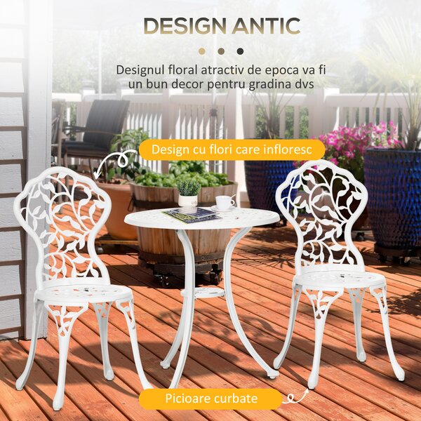 Outsunny Set pentru gradina 3 bucati din aluminiu alb cu design floral, 2 scaune pentru exterior 45x42x85.5 cm si masa rotunda Ø61x66.5 cm | AOSOM RO