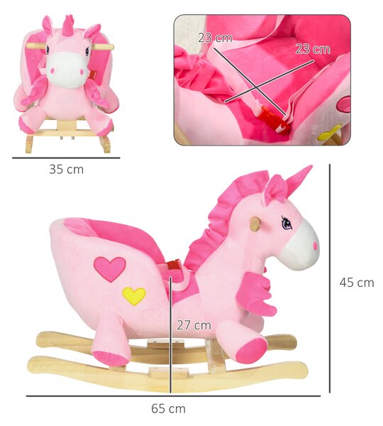 HOMCOM Calut Balansoar, Unicorn Balansoar din Pluș cu Bază din Lemn și Centură de Siguranță pentru Copii, 65x35x45 cm, Roz | Aosom Romania