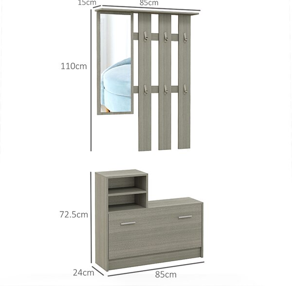 HOMCOM Set de Depozitare 4-în-1 pentru Hol, Cuier de Perete cu Oglindă, Bancă pentru Încălțăminte, 85x15x110 cm, Gri | Aosom Romania