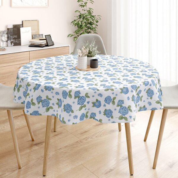 Goldea față de masă decorativă loneta - flori de hortensie albastră - rotundă Ø 150 cm